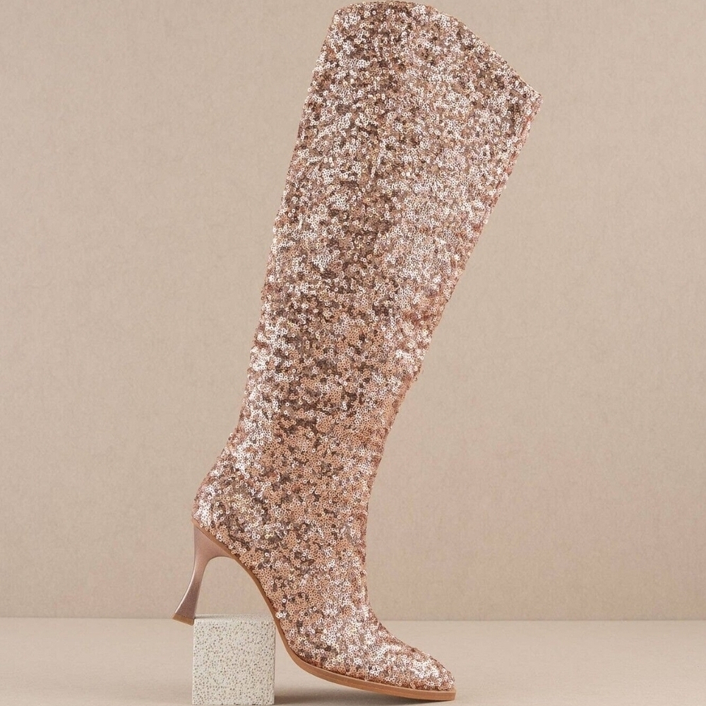 Knee-High Sequin Heeled Boots in Rose Gold - Picture 3 of 5